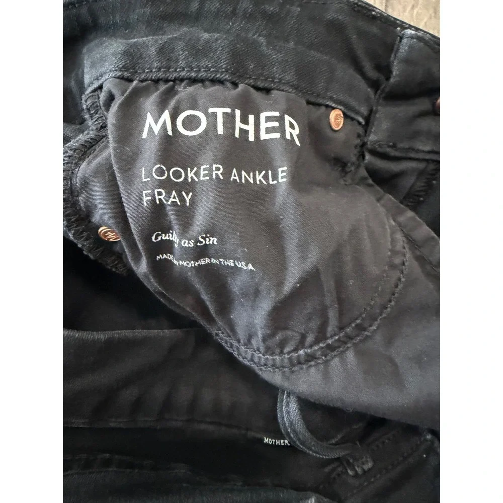 MOTHER Looker Ankle Fray Jeans Black Distressed High‎ Rise Skinny Leg Size 25